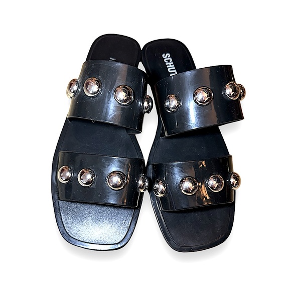 SCHUTZ STUDDED JELLY Sandals slip on black size 11 strap flat - Picture 2 of 4